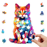 Rainbow Tabby Cat Wooden Jigsaw Puzzle Irregular Shape Pieces