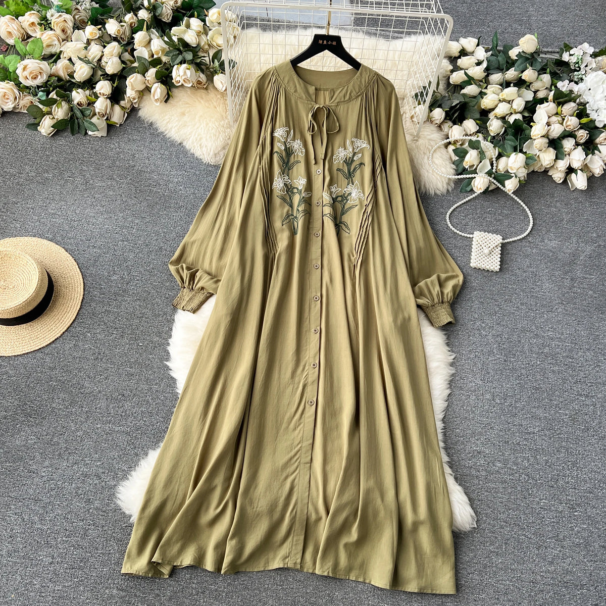 Olive's Embroidered Long Sleeve Shirt Dress