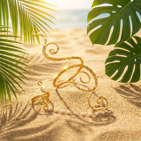 Spiral Gold Arm Cuff & Finger Chain Set with Pearls Adjustable Hand Jewellery Festival Accessories