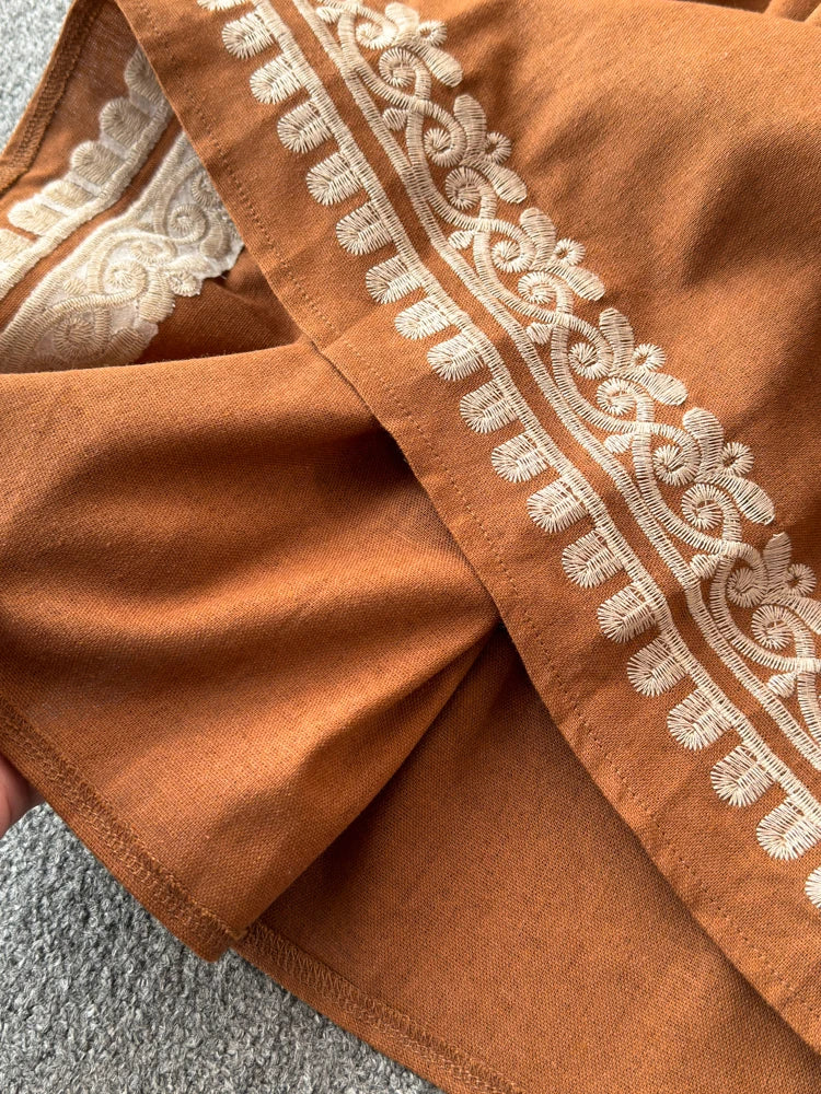Georgia's Embroidered Boho Cotton Linen Long Sleeves Mini Dress