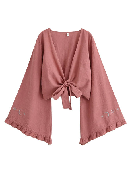 Boho Star Moon Embroidered Short Kimono Wrap Top Ruffled Flare Sleeves Cover-ups