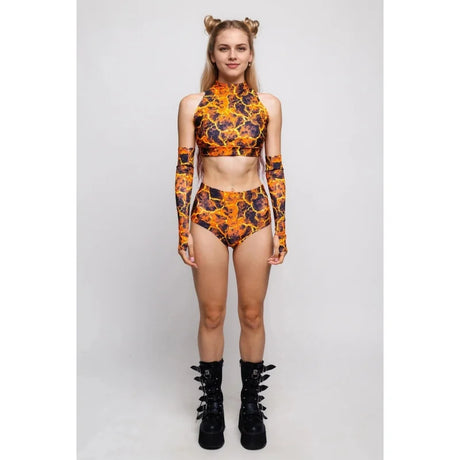 Roller Derby Performance Outfit Women High Neck Crop Set Rave Party Clubwear Printed Bodycon Set