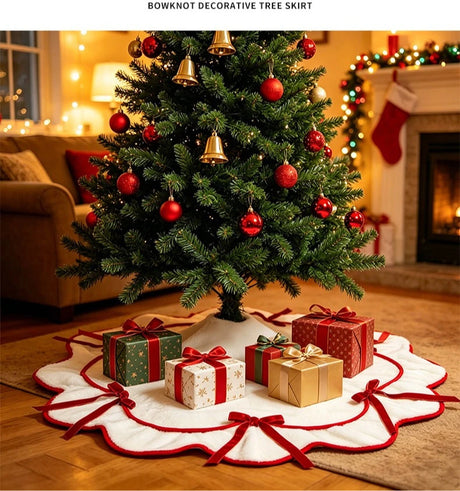 Velvet Bow Christmas Tree Skirts Soft Plush Stand Cover Xmas Decor