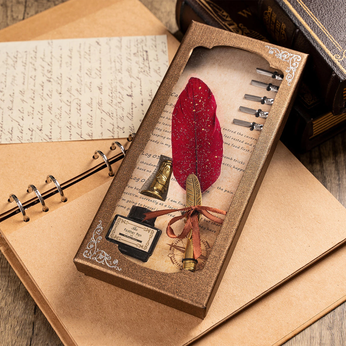 Feather Quill Pen and Ink Set Dip Calligraphy Writing Set with 5 Replacement Nibs Pen Holder