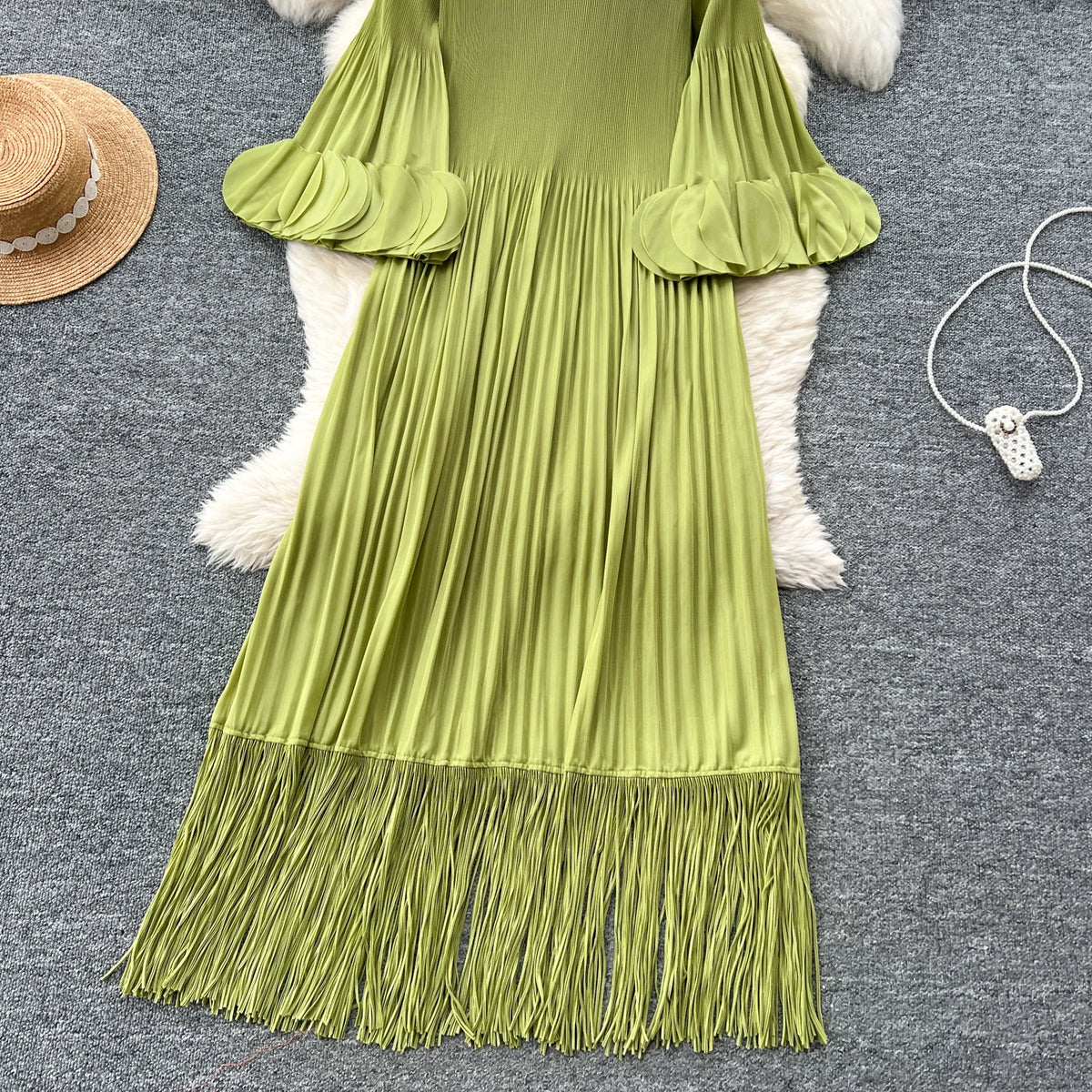 Petal Sleeves Pleated Tassel Dress Eight Colours