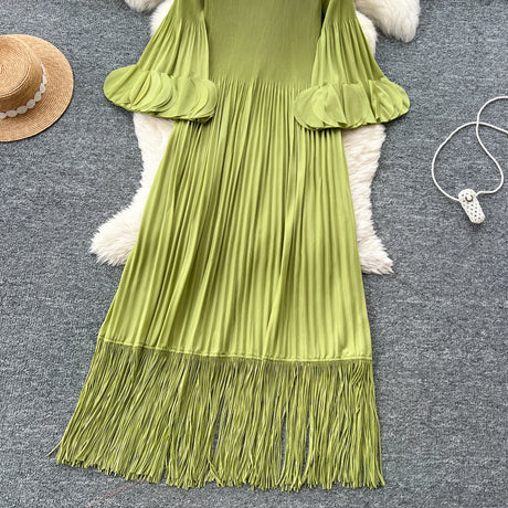 Petal Sleeves Pleated Tassel Dress Eight Colours