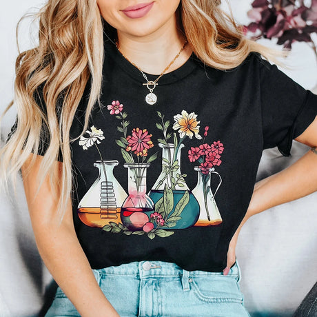 Floral Beakers Chemistry Lab Scientist T-Shirt Biology Teacher Cotton Tee