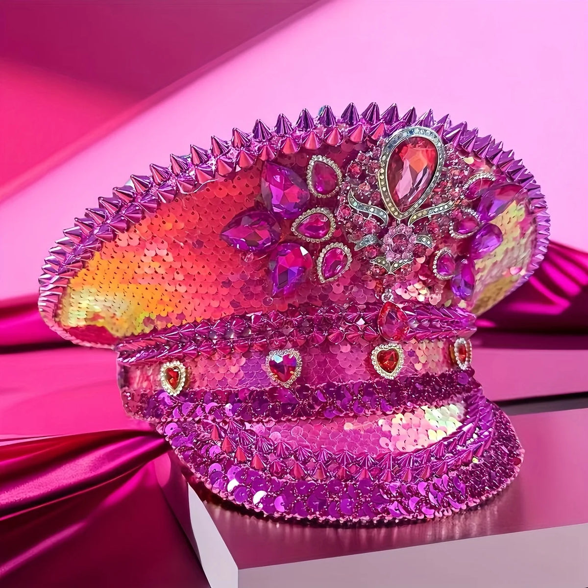 Fabulously Pink Rhinestone Festival Captain Hat Military Cap