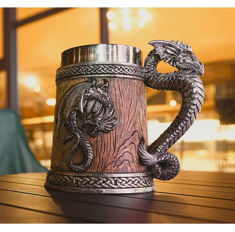Dragon Beer Mug Coffee Cup Stainless Steel Resin Wooden Barrel Drinkware 600ml