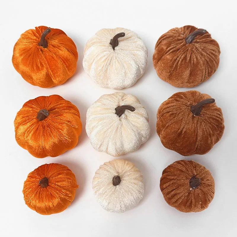 9pcs Velvet Artificial Pumpkins 3 Size Mixed Halloween Party Thanksgiving Home Table Decoration Autumn Fall Decor