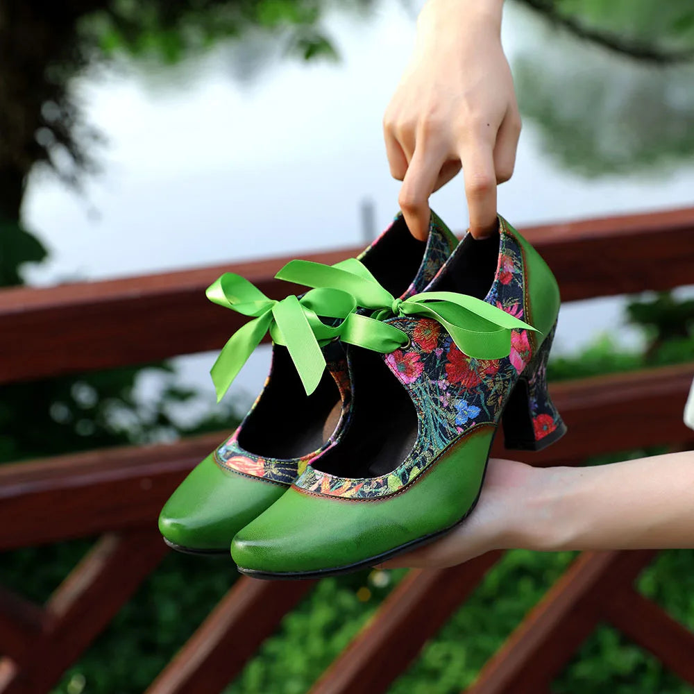Sarah's Genuine Leather Green Pumps Heels Ribbon Lace Tie Shoes