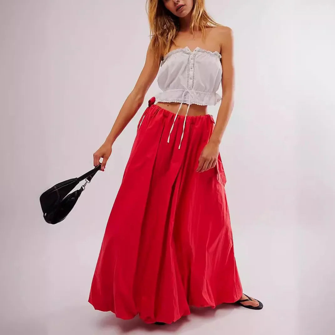 Tara's Boho Skirts Low Waist Solid Colour Lace-up Bow Maxi Skirts