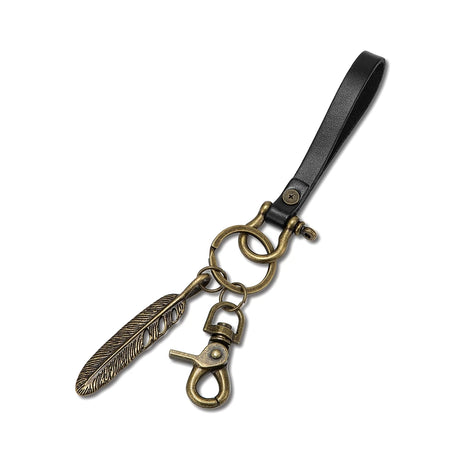 Handmade Leather Keychain Brass D-Shape Shackle Feather Charms Keyring