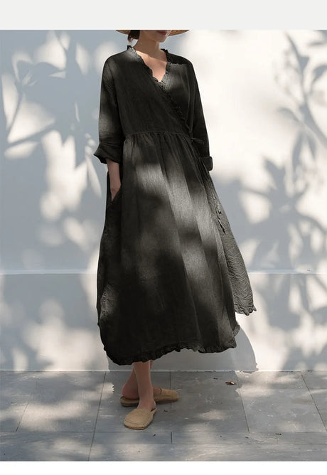 Evie's Vintage French Style Cotton Linen Dress Long Sleeveless Loose Wrap