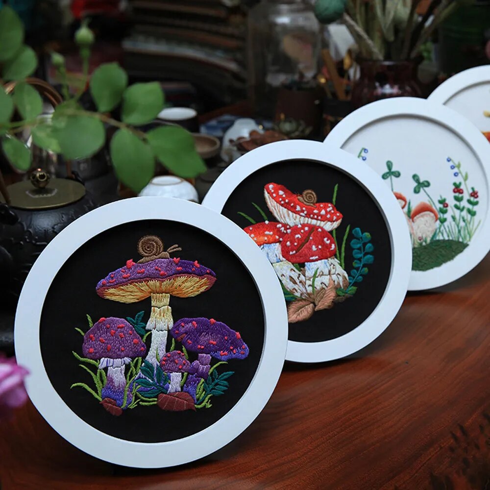 DIY Mushroom Embroidery Kit with Hoop Beginner Needlework Set