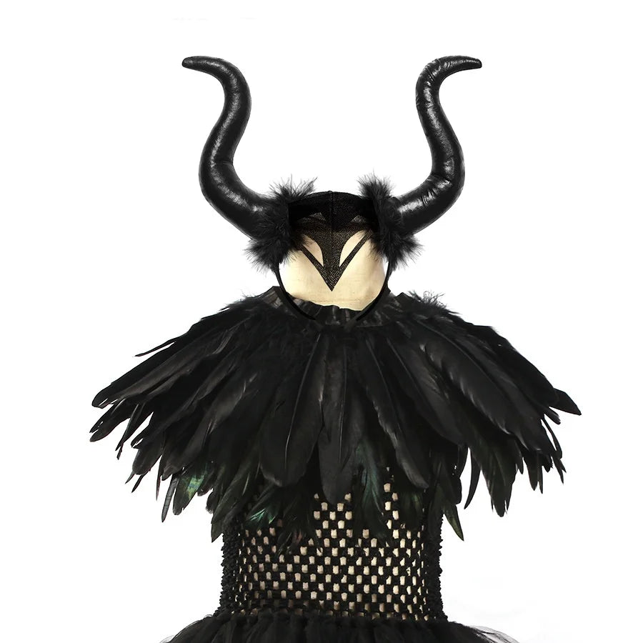 Girls Maleficent Black Tutu Halloween Costume with Feather Shawl