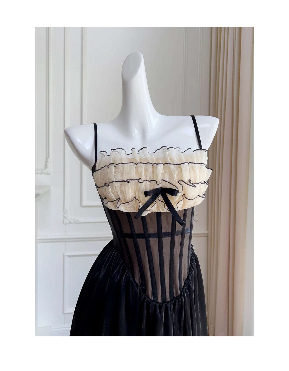 Justine's French Black Lace Sling Spliced Ruffles Bandage Backless Dress