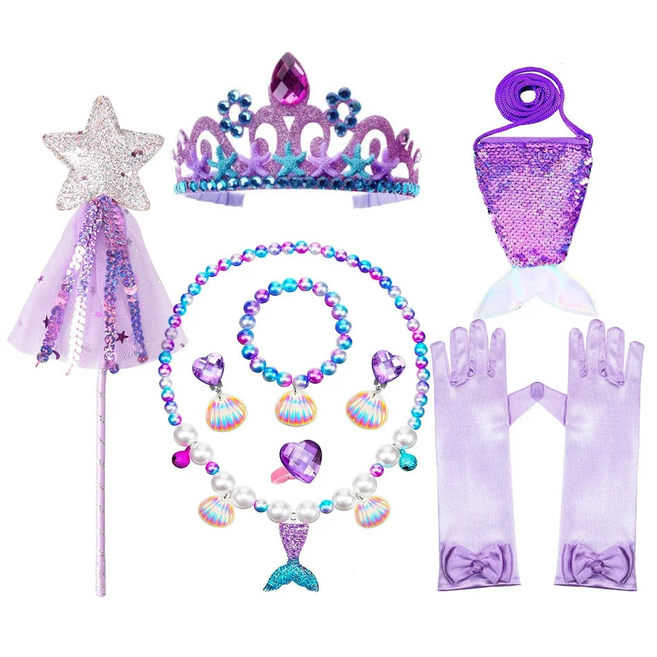 Mermaid Accessories Gloves Wand Crown Jewellery Set Wig Necklace Braid Cosplay Halloween Birthday Party
