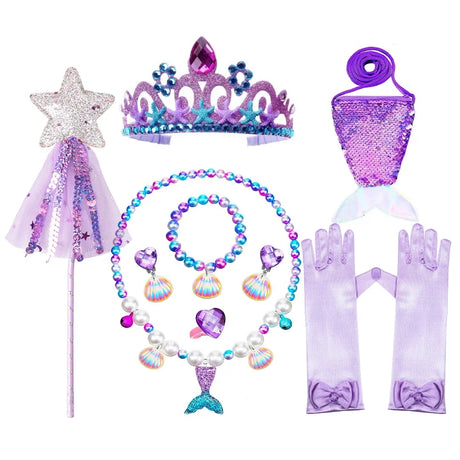 Mermaid Accessories Gloves Wand Crown Jewellery Set Wig Necklace Braid Cosplay Halloween Birthday Party