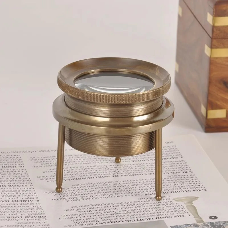 Antique Replica Brass Tabletop Magnifier Standing Magnifying Glass with Wooden Box Nautical Home Decor