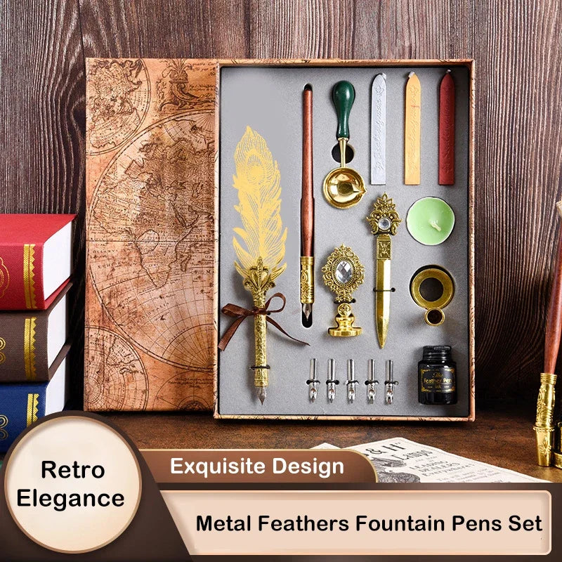 Golden Feather Quill Pens Set Dip Fountain Pens Ink Stationery Writing Gift Box Sets