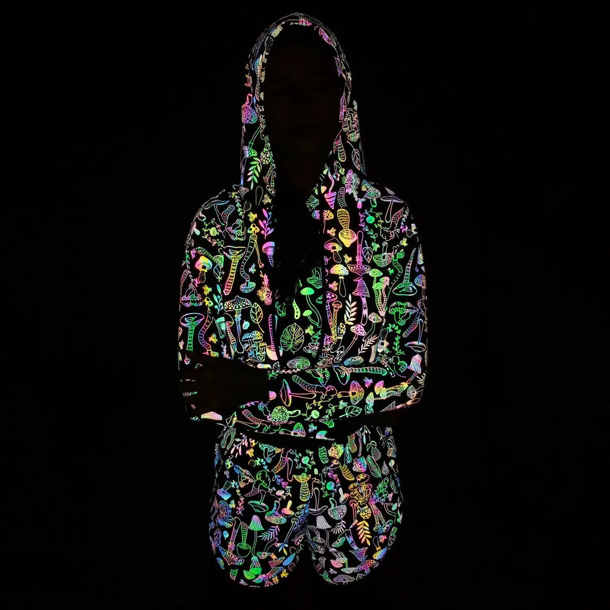 Reflective Mushroom Print Shorts Cropped Hoodie