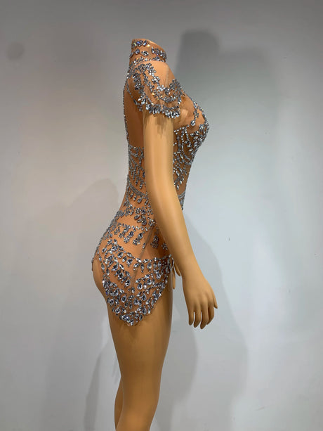 Sparkly Rhinestones Bodysuit Transparent Mesh Performance Dance Costume Stage Wear