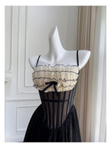 Justine's French Black Lace Sling Spliced Ruffles Bandage Backless Dress