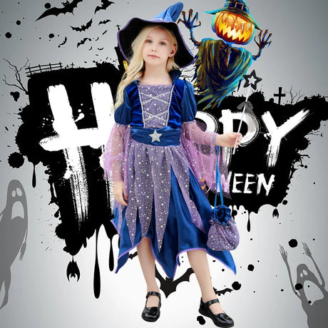 Girls Witch Outfit Halloween Party Costumes for Kids Dress Up With Bag Hat Wand