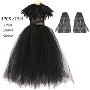 Girls Maleficent Black Tutu Halloween Costume with Feather Shawl