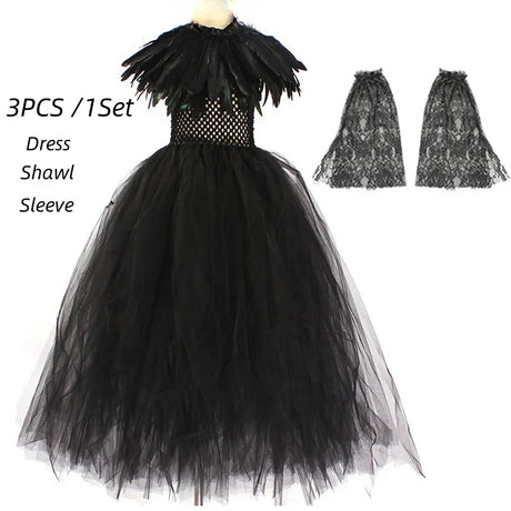 Girls Maleficent Black Tutu Halloween Costume with Feather Shawl