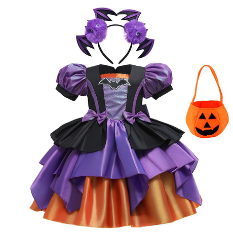 Halloween Bat Cosplay Purple Orange Witch Dress for Girls Children's Costumes