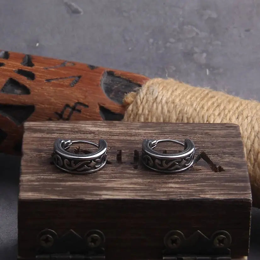 Viking Rune Huggie Hoop Earrings for Men Stainless Steel with Wooden Box