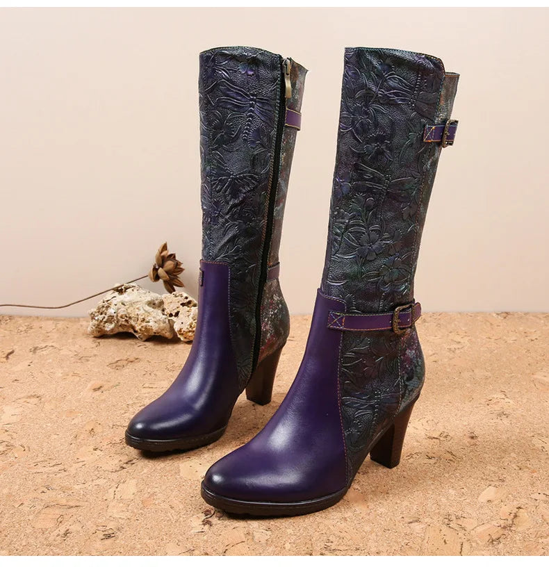 Purple Embossed Dragonfly Genuine Leather Long Boots