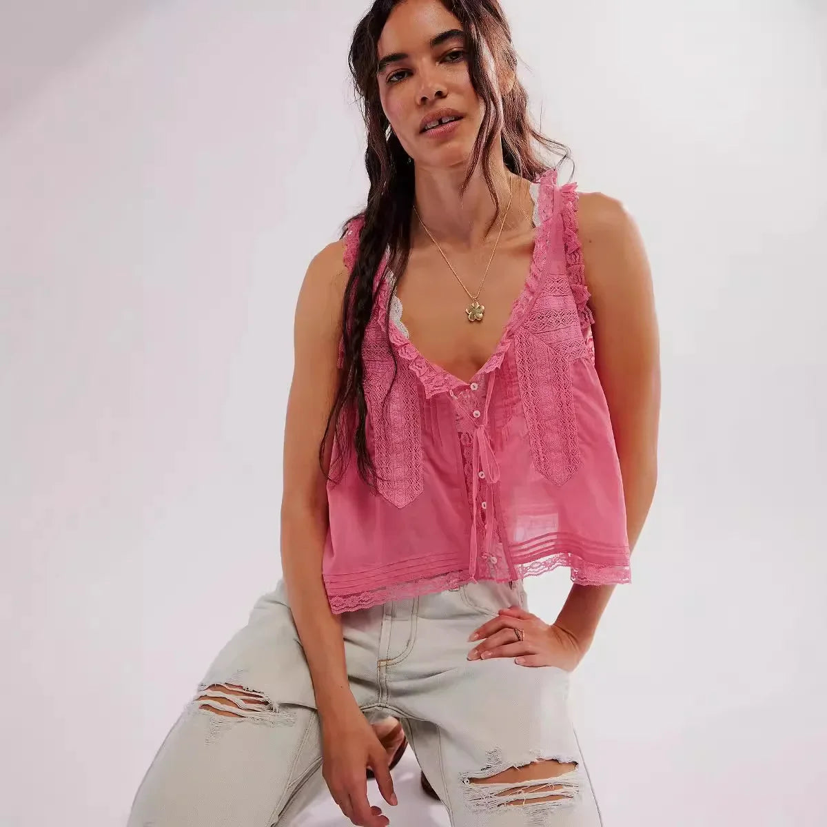 Pip's Summer Cotton Camis Crop Tops Boho Spliced Lace Tank Tops