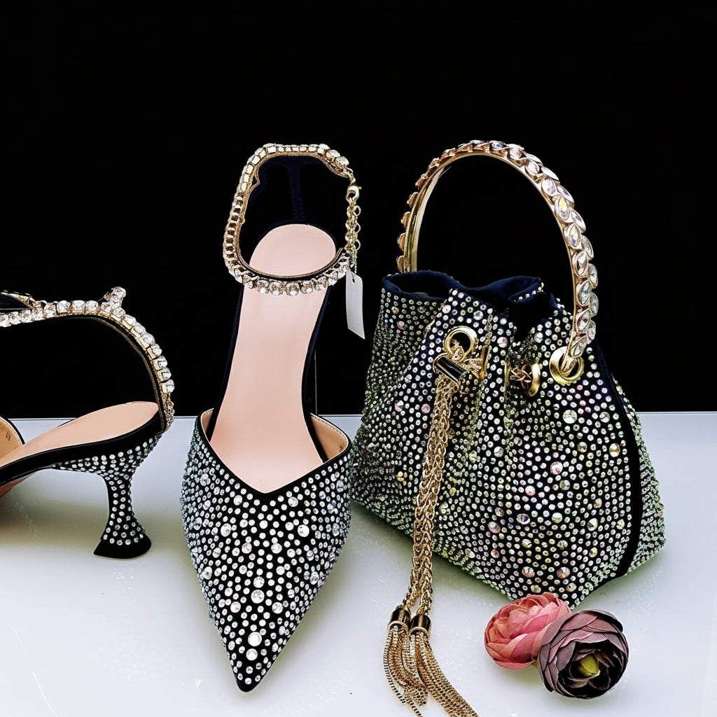 Diamond Confetti Pointed Shoes and Matching Bag Party Heels