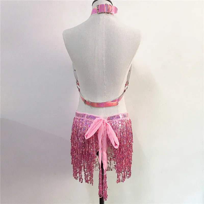 PU Leather Harness 2 Piece Set Metal Chest Chain With Tassel Sequins Mini Skirt Festival Party Club Outfits