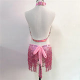PU Leather Harness 2 Piece Set Metal Chest Chain With Tassel Sequins Mini Skirt Festival Party Club Outfits