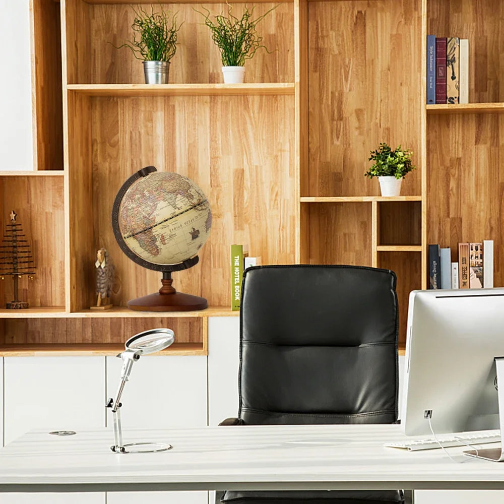 World Globe Earth Map Retro Wooden Base Desk Decor