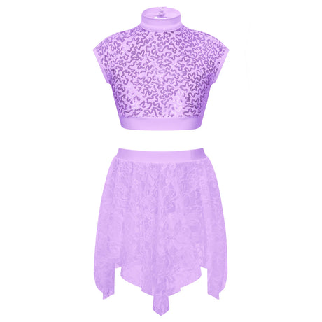 Sequins Ballet Dance Set Girls Crop Top Skirted Shorts Stage Dance Costumes