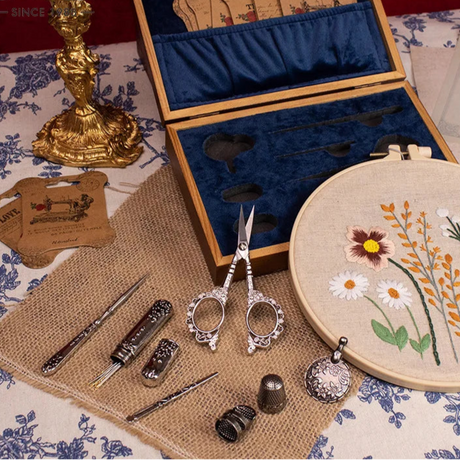 Royal Blue Vintage Sewing Kit Embroidery Scissors Needlework Set