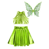 Festival Fairy Cosplay Costume Sleeveless Crop Top, High Waist Flared Skirt And Butterfly Wings Set