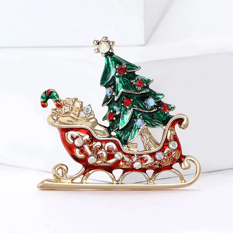 Enamel Christmas Tree Sleigh Brooches