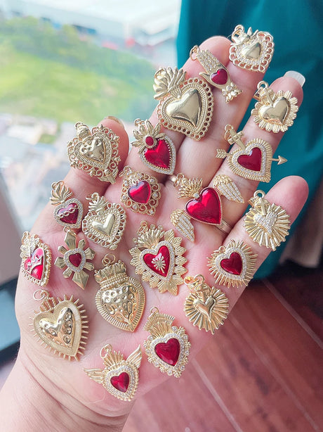 Red and Gold Sacred Heart Charms 18K Gold Plated for Jewellery Making