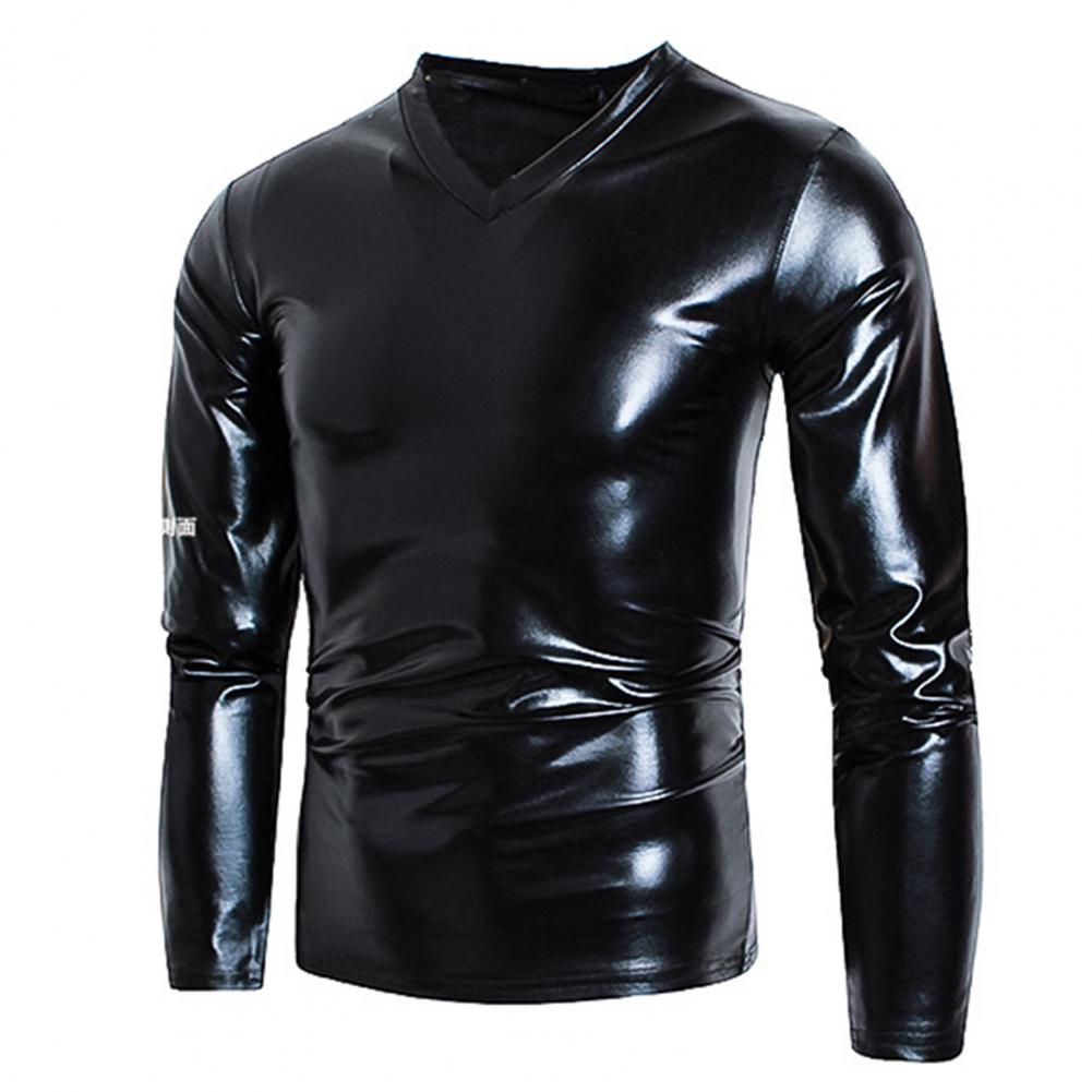 Men T-shirt Glossy Solid Long Sleeve Tops Nightclub Party Performance Wear
