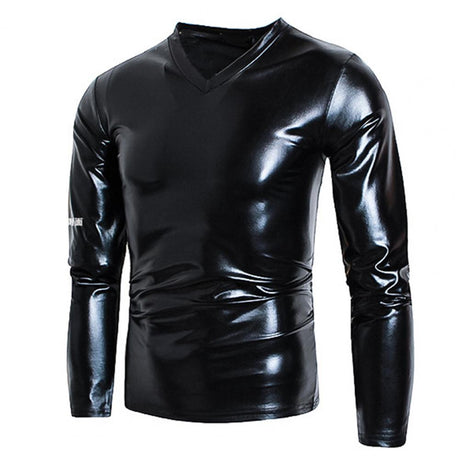 Men T-shirt Glossy Solid Long Sleeve Tops Nightclub Party Performance Wear