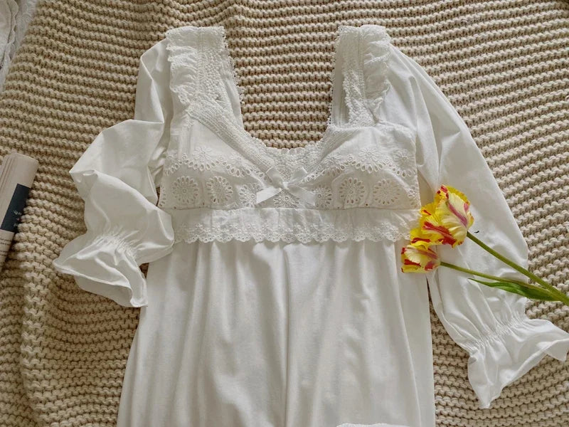 Summer Cotton Women's Sleepwear Antique French Style Lace Nightgown Nightdress
