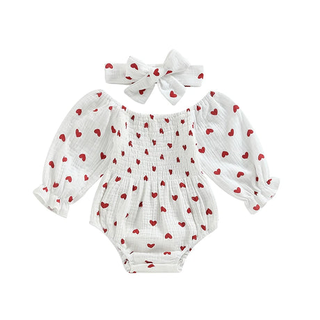 Valentines Day Easter St Patricks Christmas Baby Girls Heart Print Romper with Headband