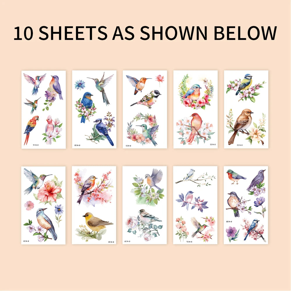 10pcs Watercolour Hummingbird Temporary Tattoos Floral & Bird Designs