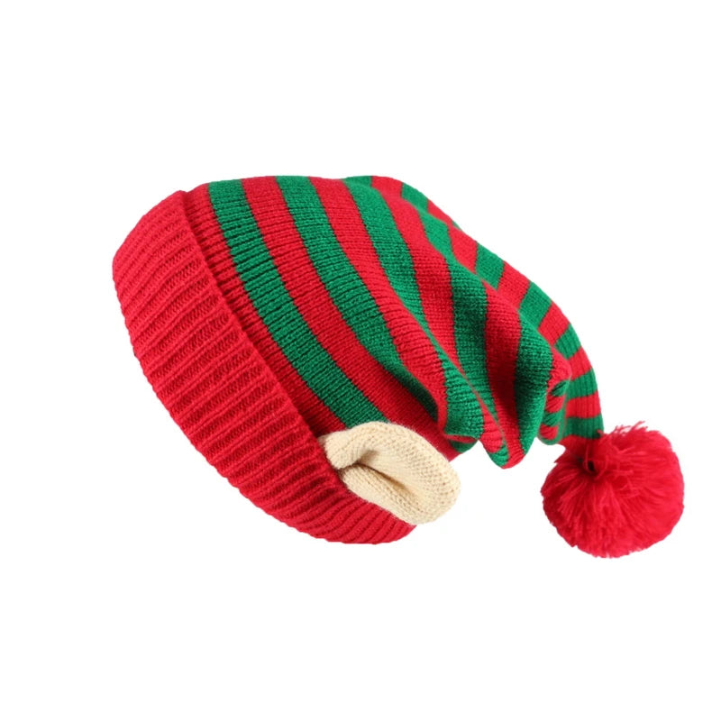 Christmas Elf Striped Beanies Hat Knitted Xmas Cap with Small Ears for Women Men